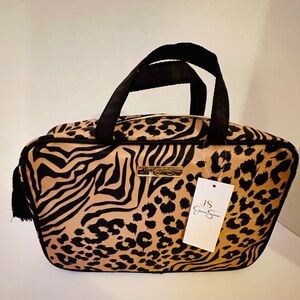 Jessica Simpson Leopard Print Cosmetic Bag - Black and Tan